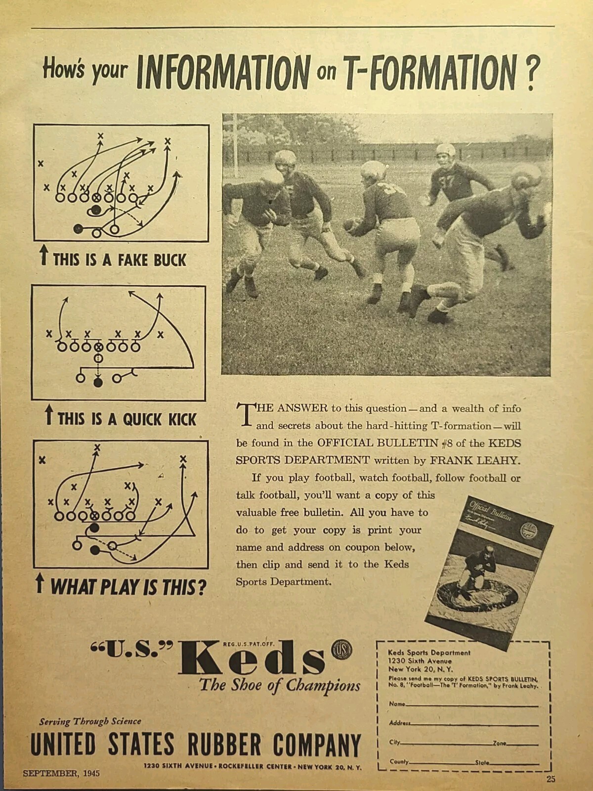 U. S. Keds Shoe Of Champions Football Players T Formation Vintage Print Ad 1945