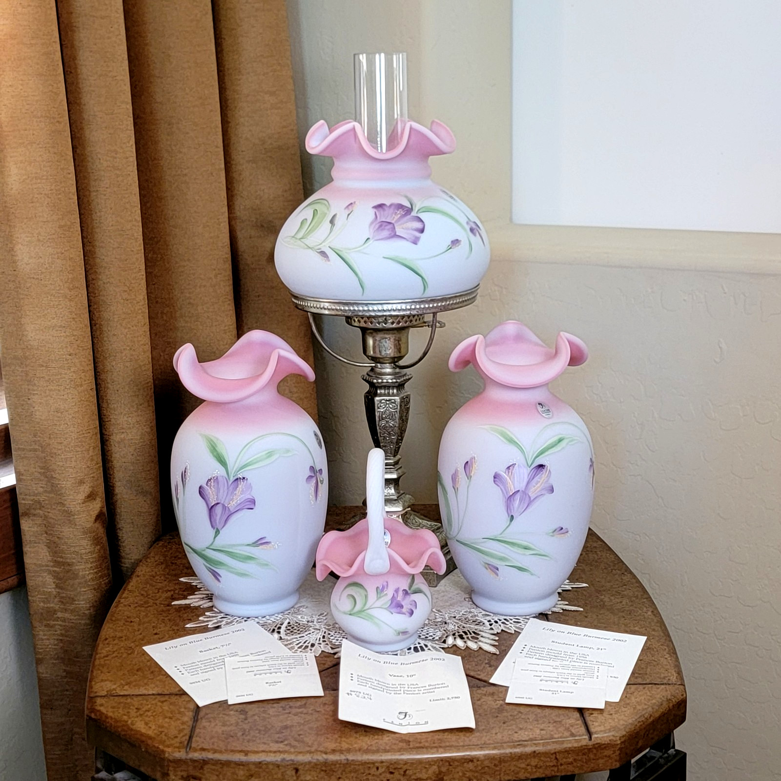 HTF FENTON Glass Lily On Blue Burmese Set Lamp Vases Basket Signed LE w/COAs