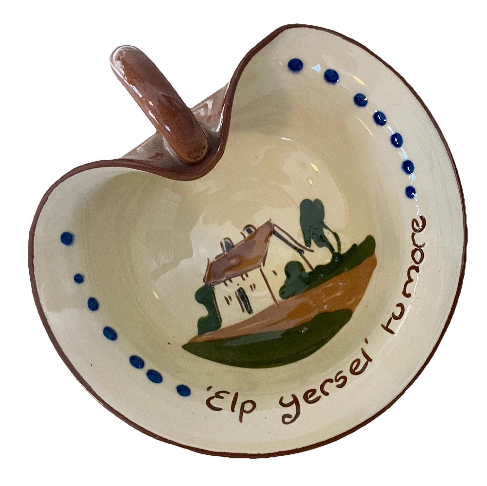 VTG Dartmouth Devon Pottery Jam Bowl W/handle ‘Elp Yersel’ To More’ 2”H x 5” W VTG Dartmouth Devon Pottery Jam Bowl W/handle ‘Elp Yersel’ To More’ 2”H x 5” W