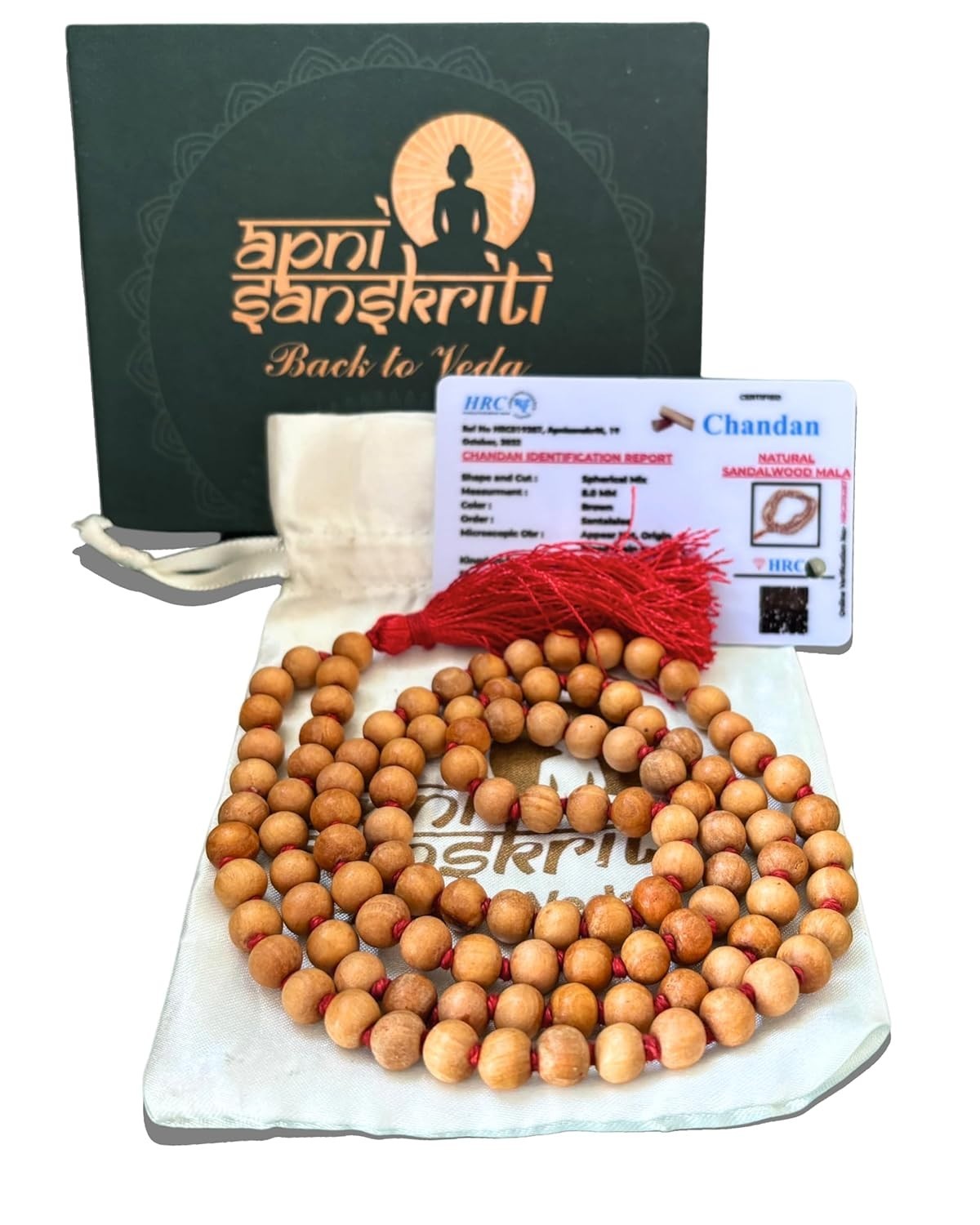Lab Certified 8 mm 108+1 Bead White Sandalwood Safed Chandan Jaap Japa Mala