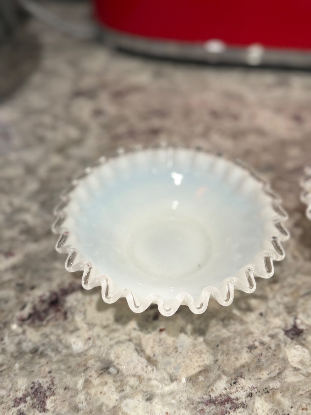 VINTAGE FENTON, SMALL SILVER CREST 6.5 INCH WHITE FOIL EDGE, RUFFLE GLASS PLATE 