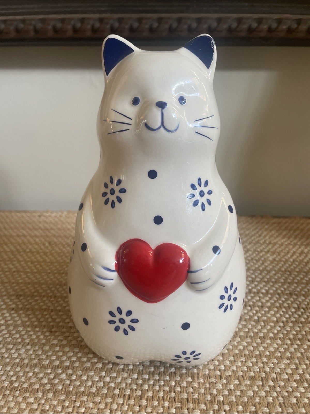 Whimsical Cottage Core 8” Chubby Ceramic  Cat Holding A Heart