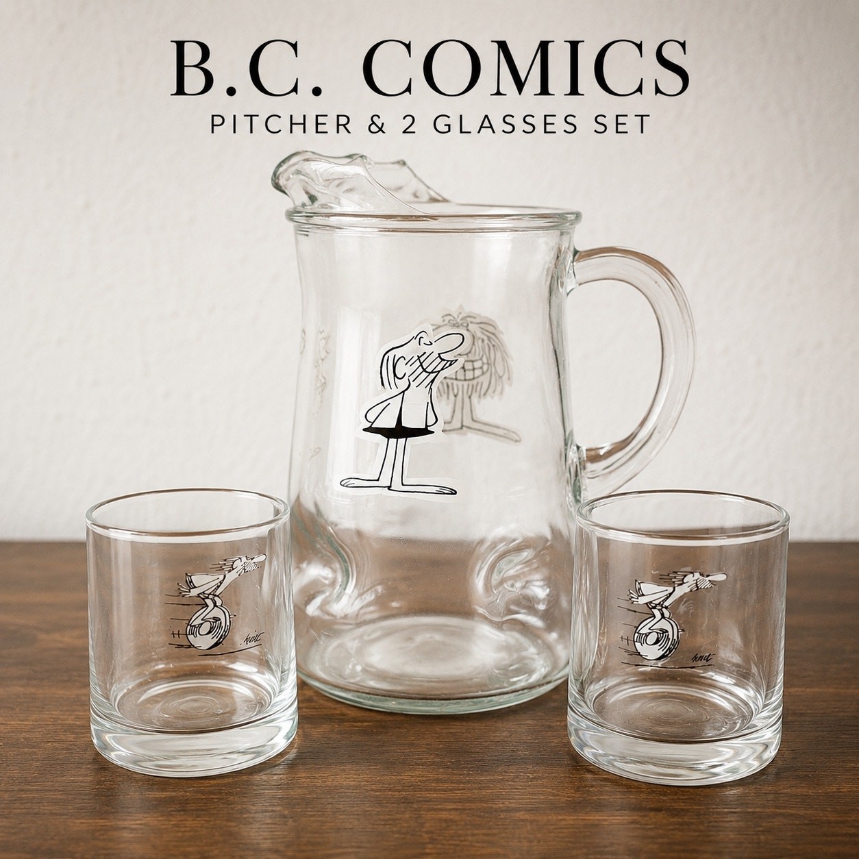 Vintage B.C. Comic Glass Pitcher & 2 Tumblers Set Johnny Hart Cartoon Barware