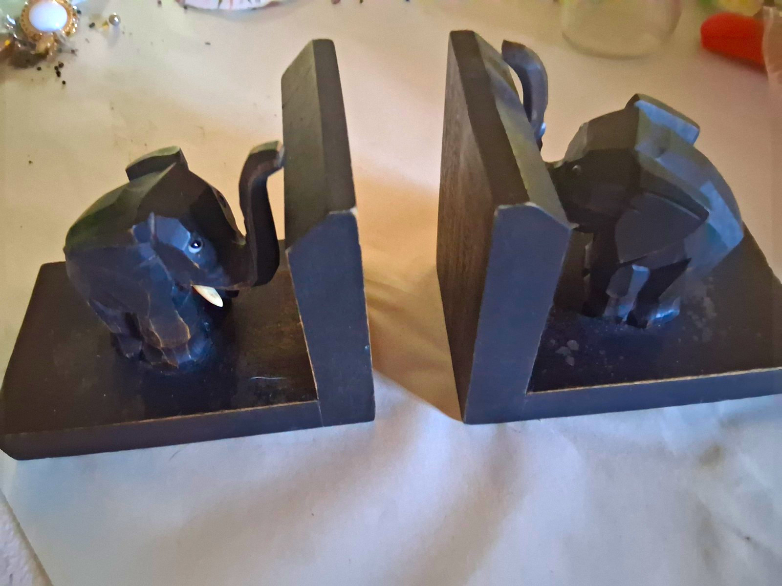 Authentic Vintage Mid-Century Modern German Hand-Carved Elephant Bookends