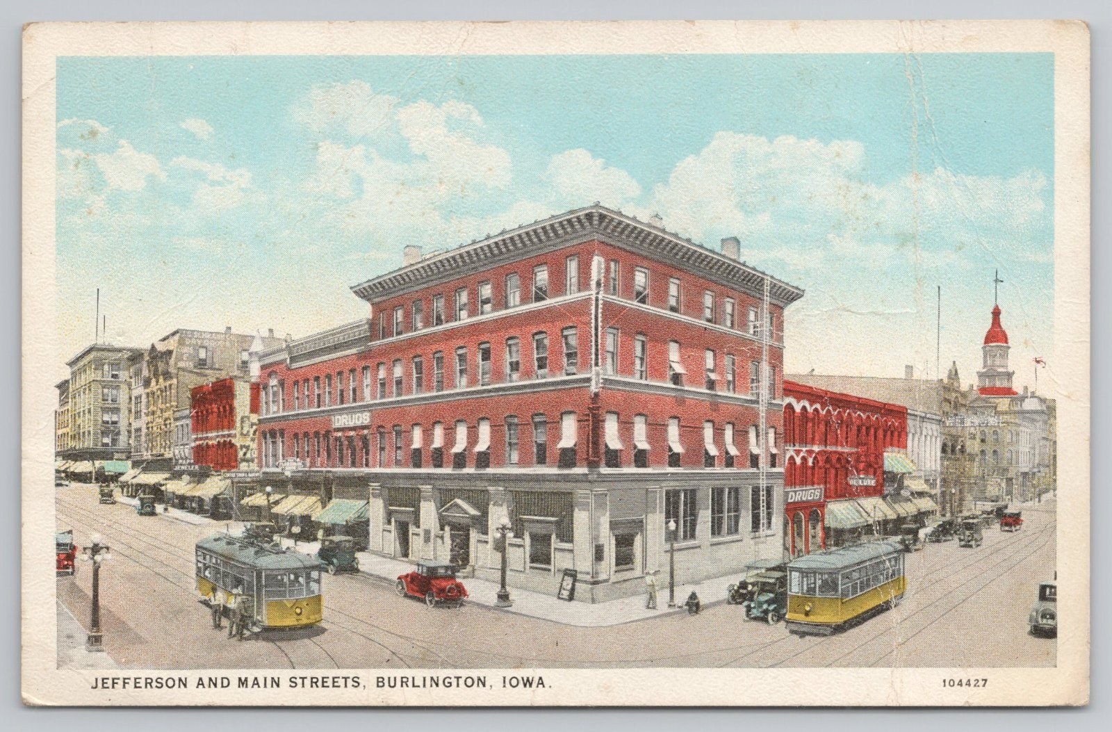 Burlington Iowa Jefferson and Main Streets Streetcars Postcard