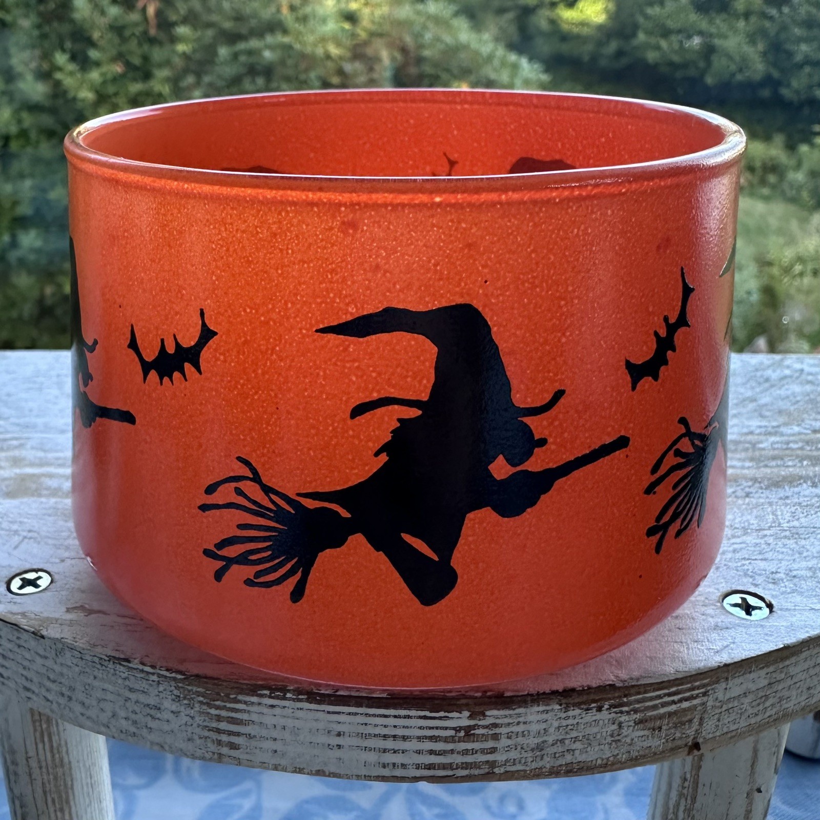 Vintage Halloween Indiana Glass Witch Bat Candy Jar No Lid 4” HazelAtlas Orange 