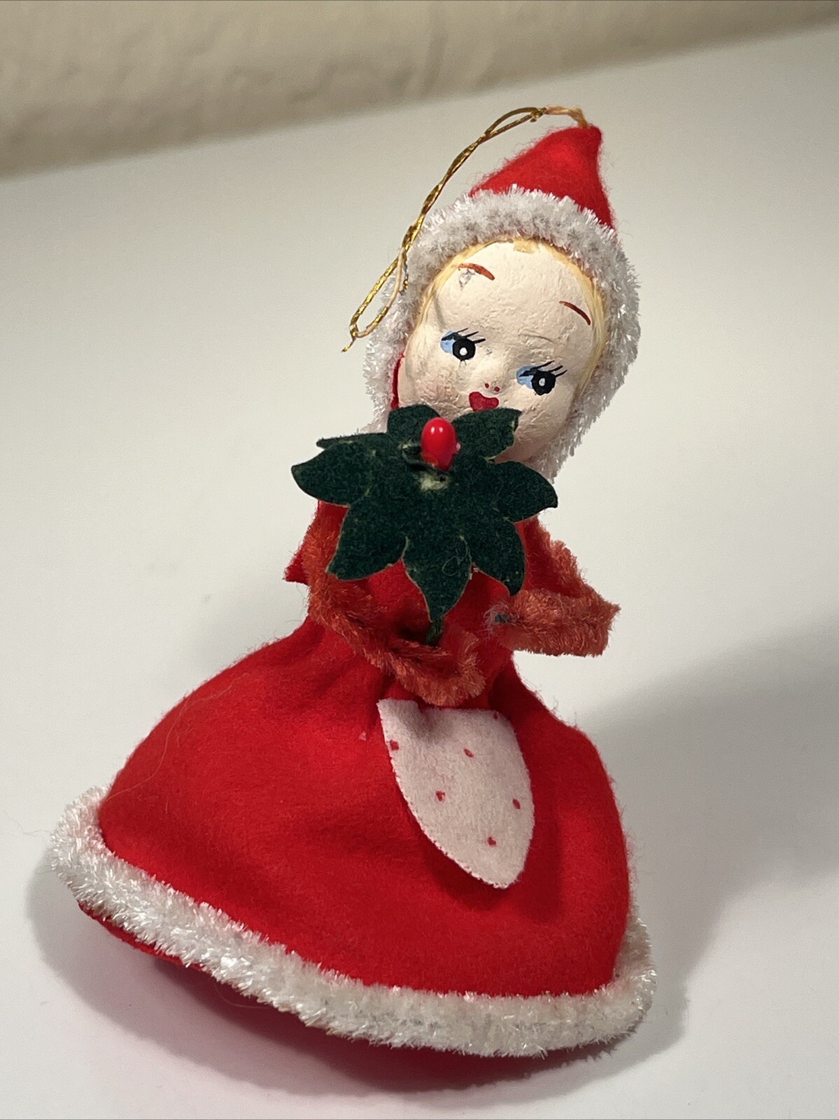 Vintage 1950s 60s Christmas Tree Ornament Girl with Flower Paper Mache Face 3.5\