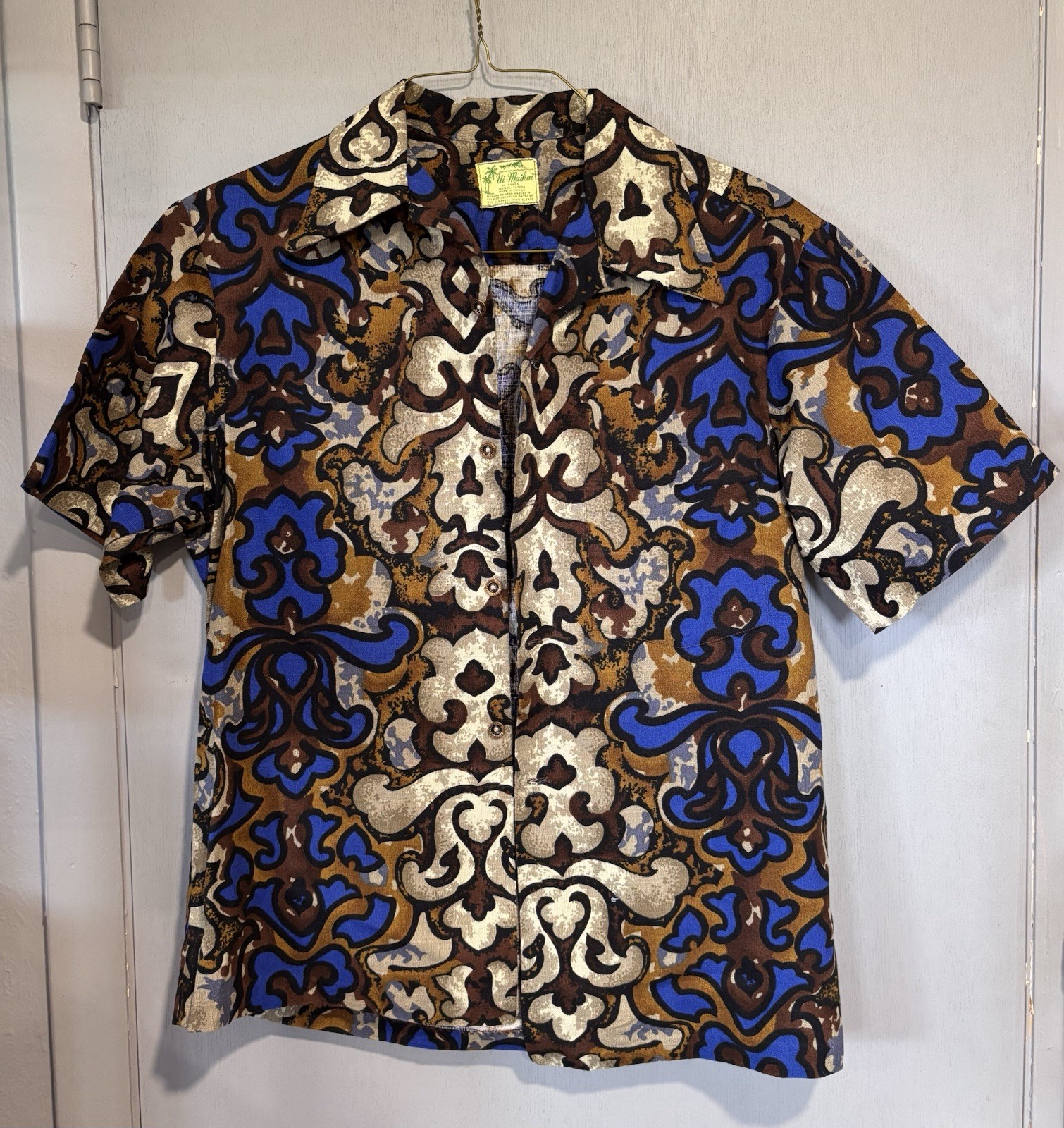 Vintage Ui-Maikai Hawaiian Shirt Mens Sz Small Cotton Short Sleeve Blue + Gold