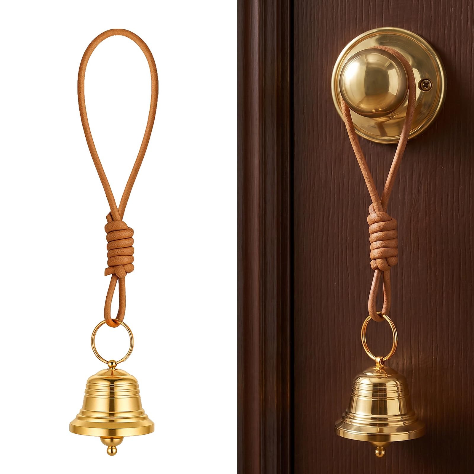 Small Brass Hanging Bell for Door Knob, Vintage Gold Door Hanger Bell on Leat...