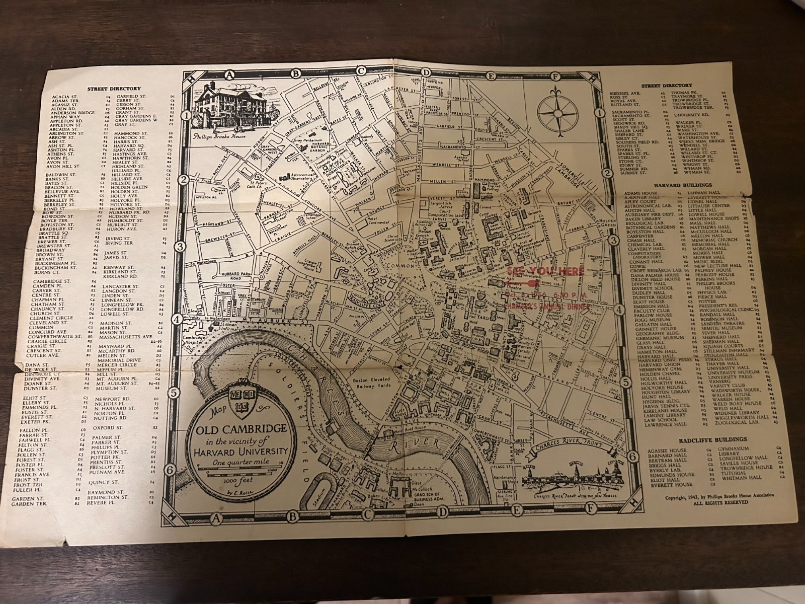 VINTAGE 1943 MAP OF OLD CAMBRIDGE, VICINITY OF HARVARD UNIVERSITY MA by E RAISZ