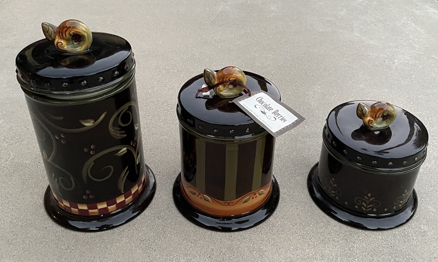Deb Hrabik For Demdaco 2002 Chocolate Berries Hand Painted 3pc. Canister Set NWT