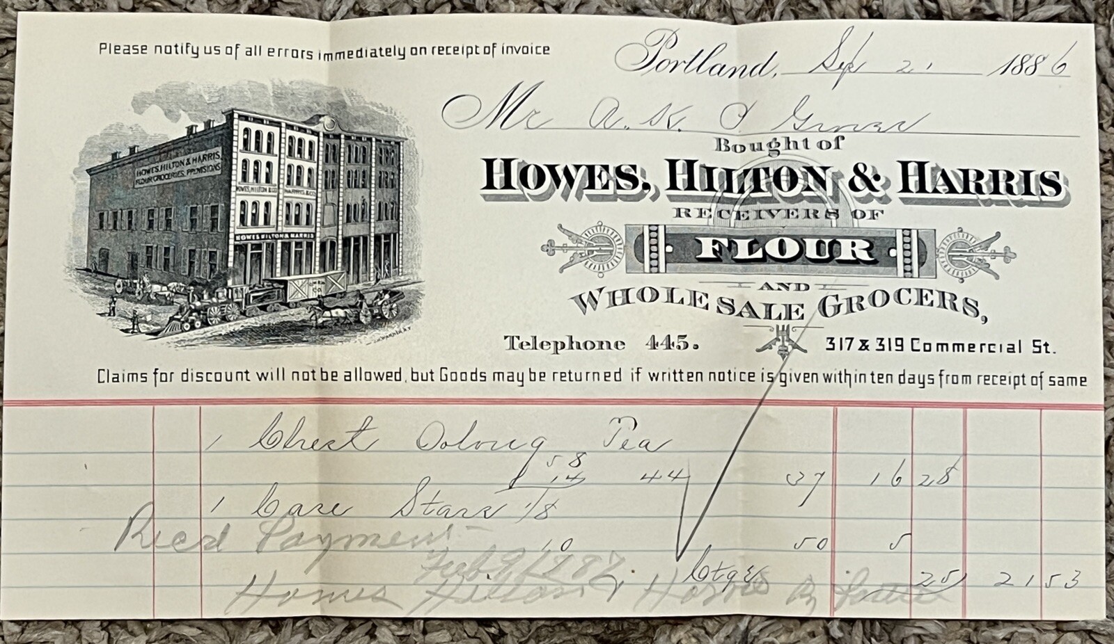 1886 HOWES, HILTON & HARRIS FLOUR INVOICE RECEIPT PORTLAND BUILDING