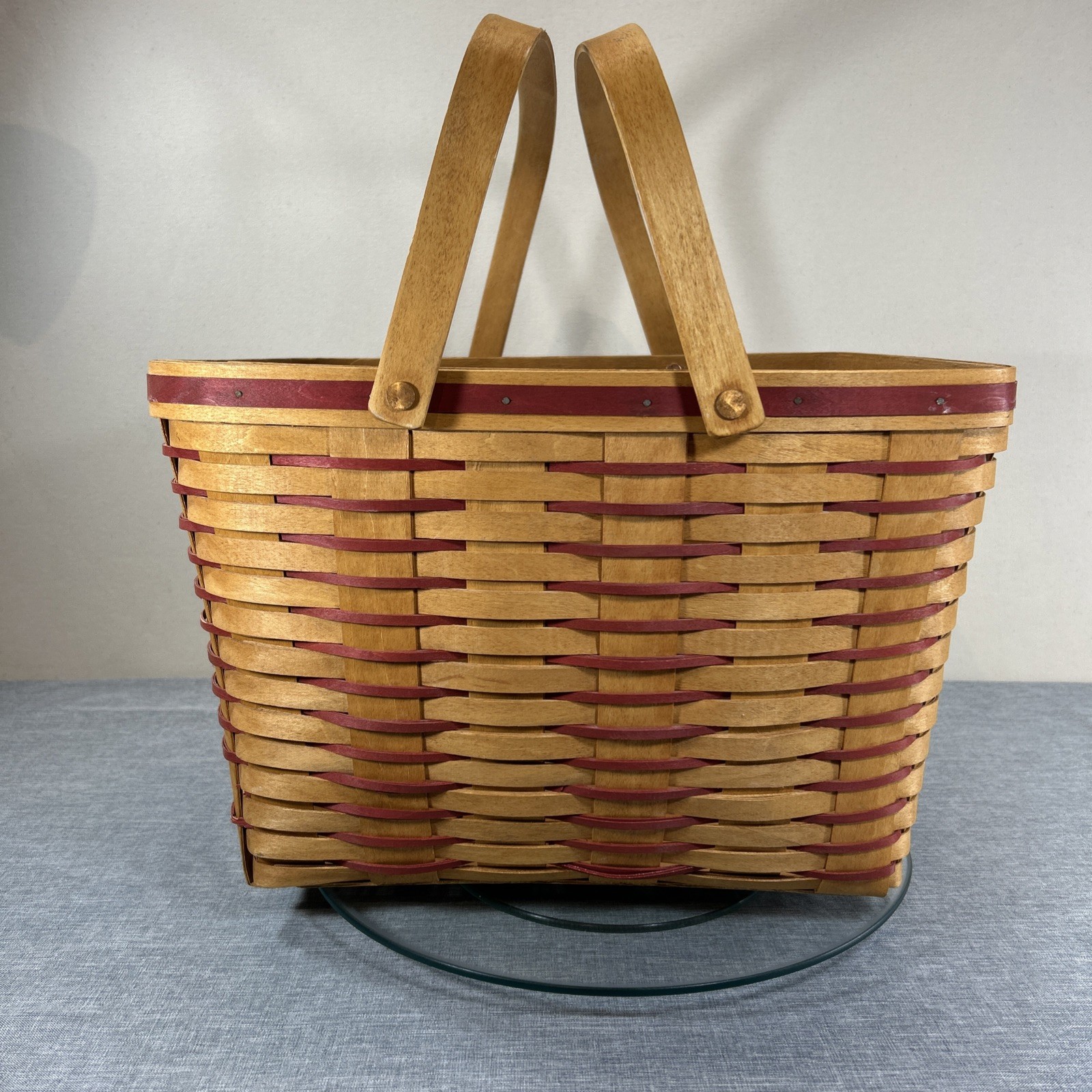 Vtg Longaberger Large Sweetheart Getaway Basket W/Red Weave Accents Cottagecore