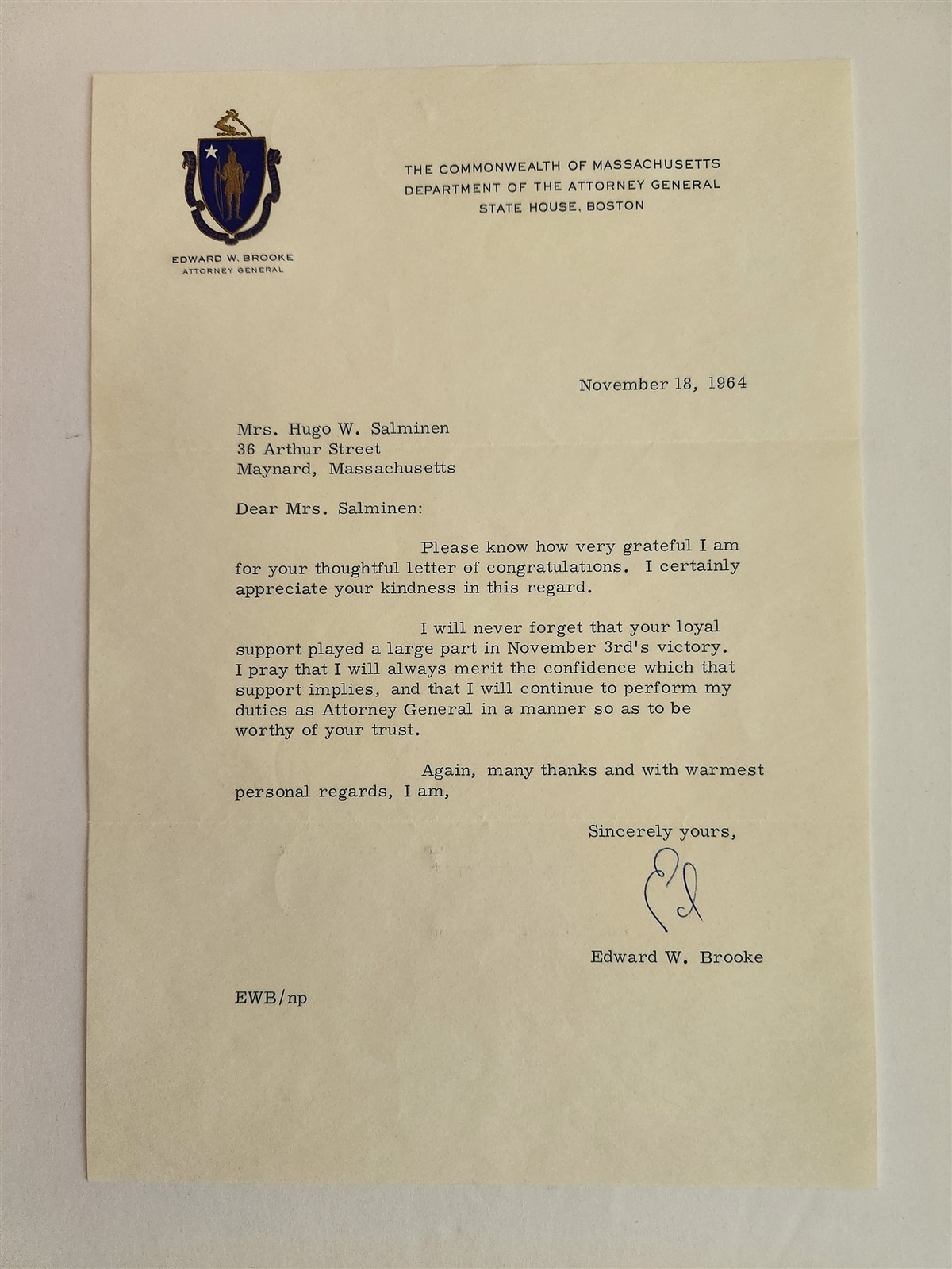 1964 antique EDWARD W BROOKE MASSACHUSETTS ATTORNEY GENERAL als LETTER salminen