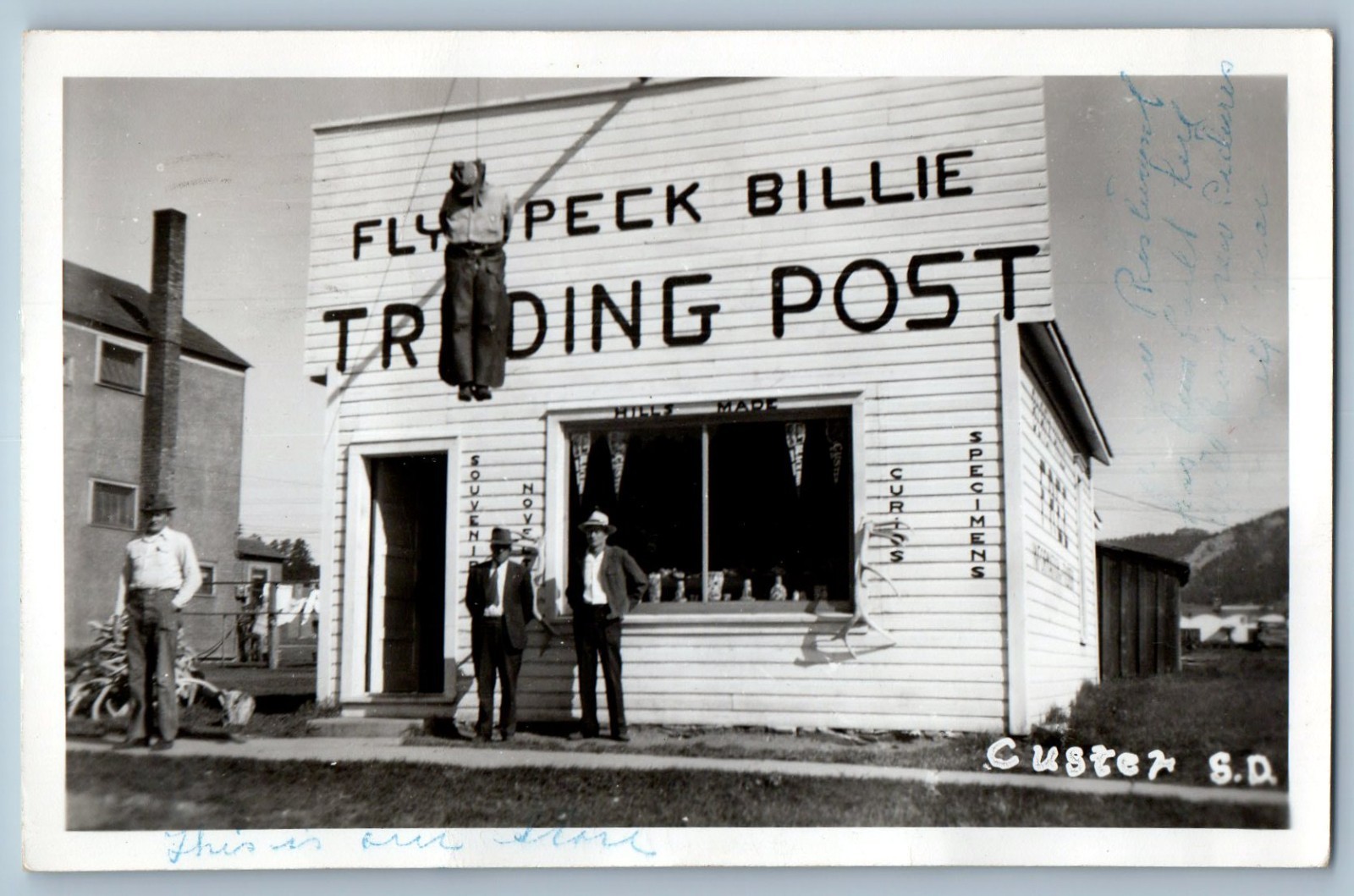 1948 Fly Peck Billie Trading Post Store Hanging Custer SD RPPC Photo Postcard 1948 Fly Peck Billie Trading Post Store Hanging Custer SD RPPC Photo Postcard