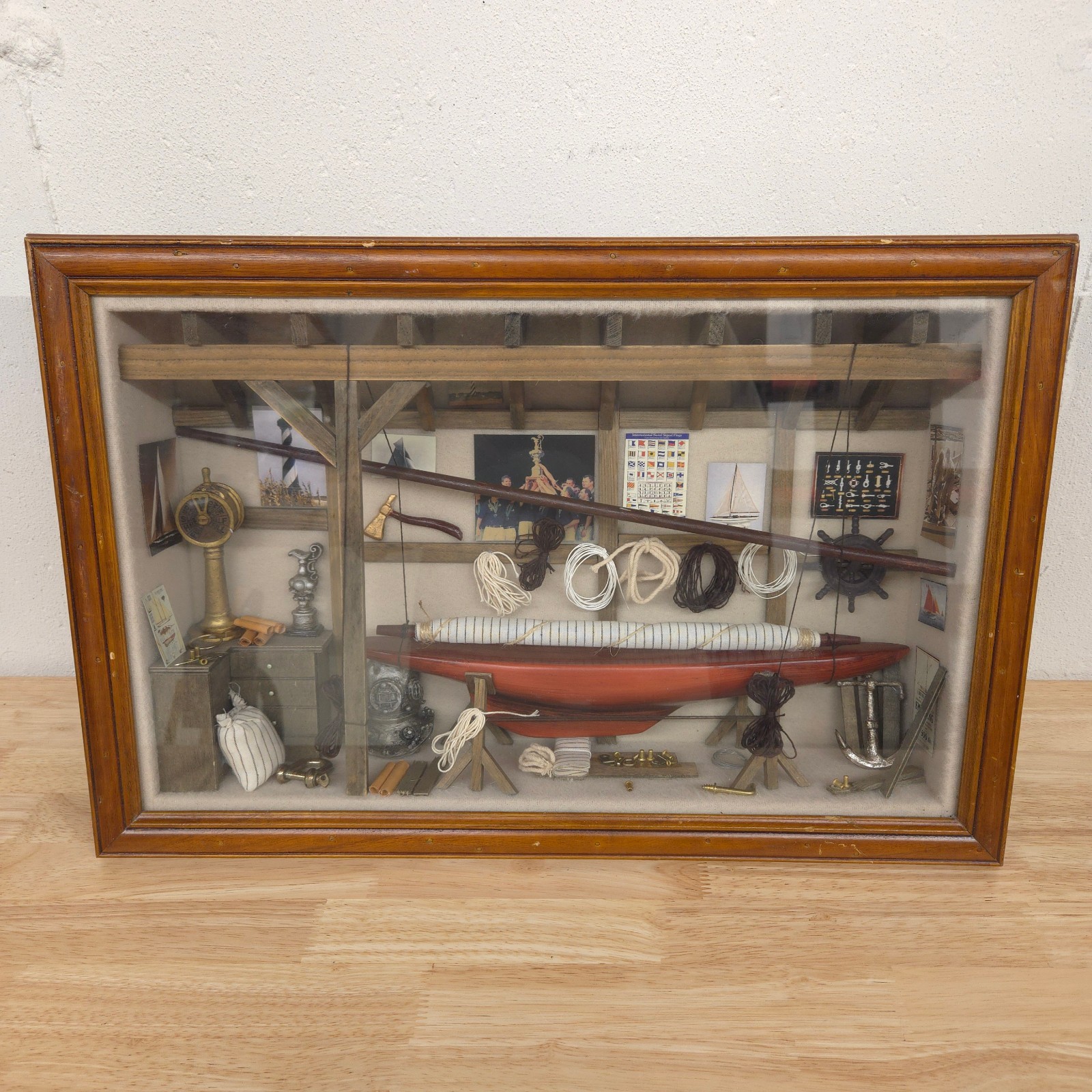 Vtg Americas Cup Yacht Sailboat Racing Nautical Shadowbox Diorama