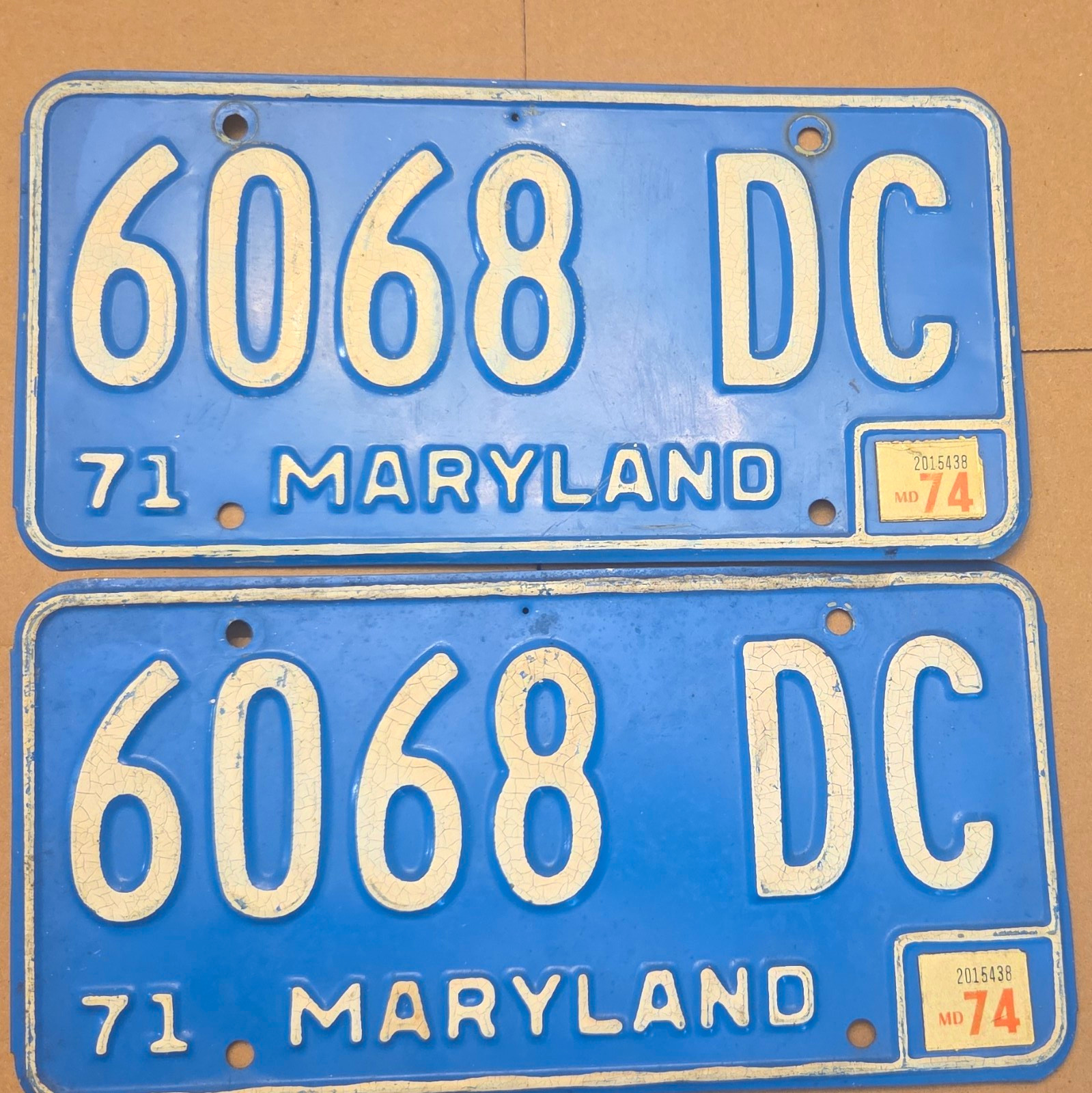 Vintage Maryland License Plates Pair 6068 DC Blue/White (1968)