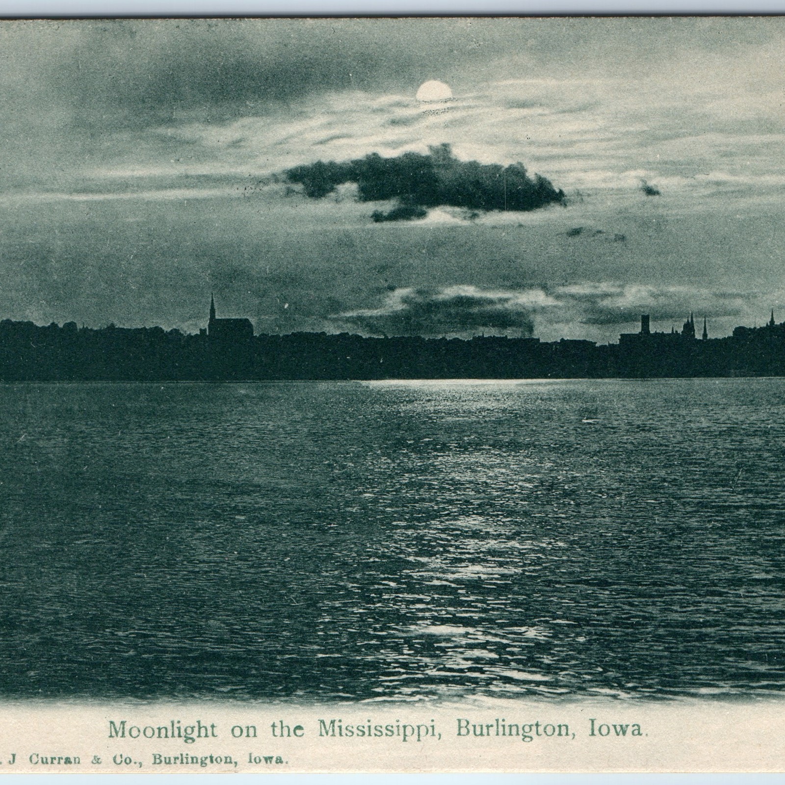 c1900s Burlington, IA Moonlight Mississippi River Church Spires Postcard