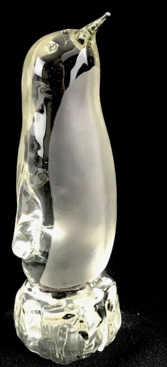 Penguin Figurine, Glass With Frosted Front, Paperweight 5 1/2”X 2” VGC