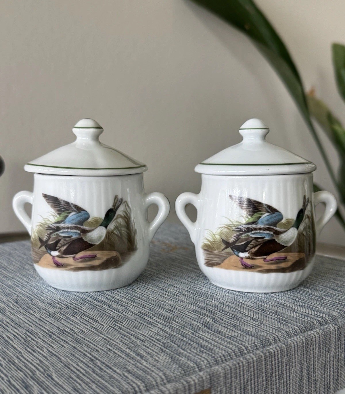PAIR Vtg L. Lourioux Fireproof Porcelain Mallard “Le Faune” Pot du Crème, France