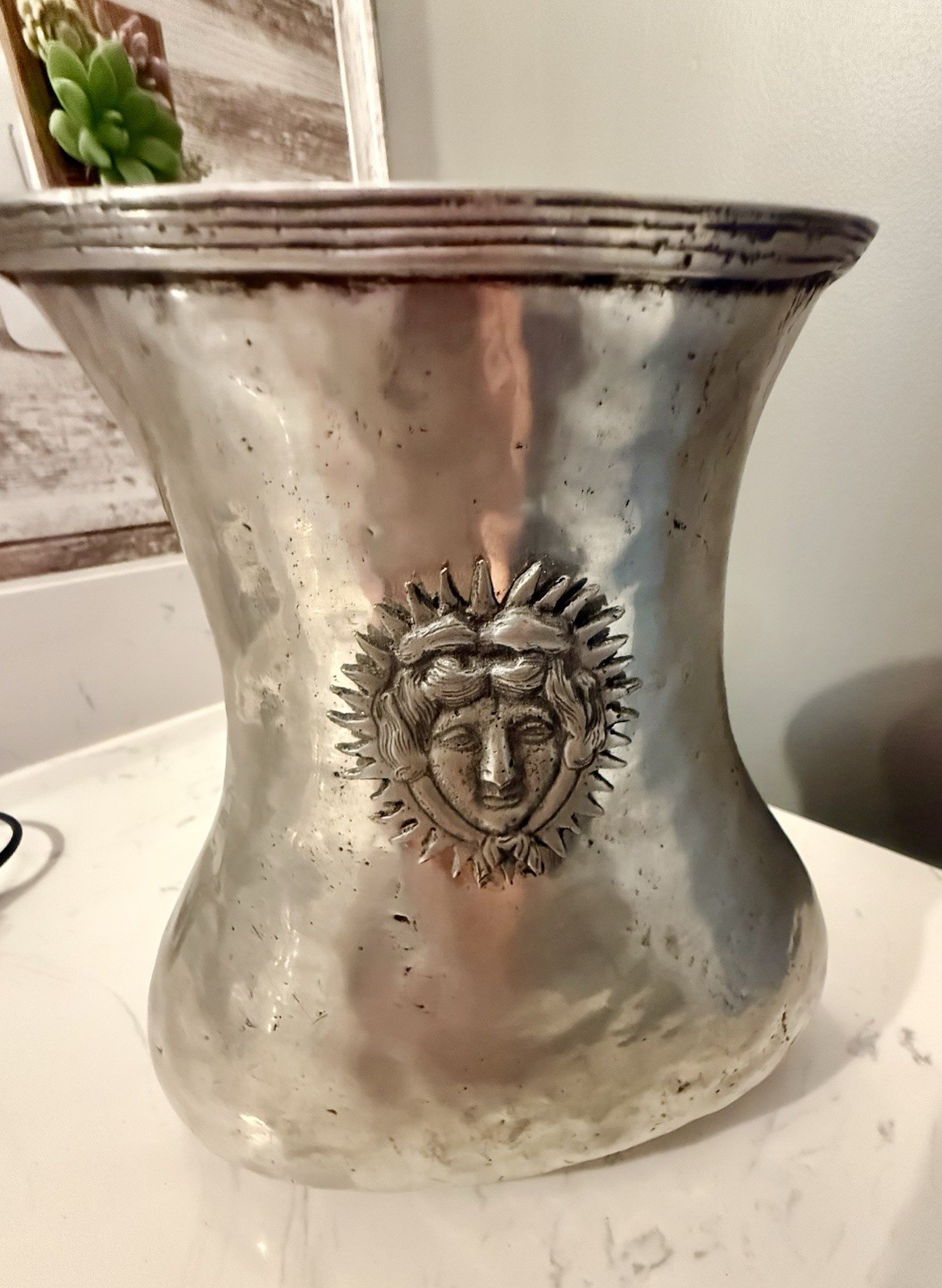 Wonderful Antique Jugendstil Pewter Vase Sun Face Relief Art Nouveau Signed MVC