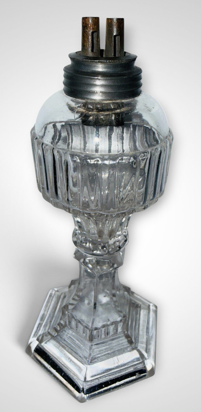 Antique 1850s Pressed Glass Whale Oil Lamp Pewter Double Tube Burner