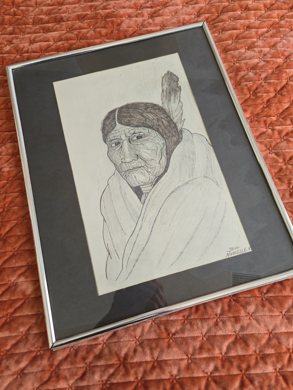 Bill Munselle Elderly Native American Indian Hand Sketch Pen 1987,orig.vint.xlnt