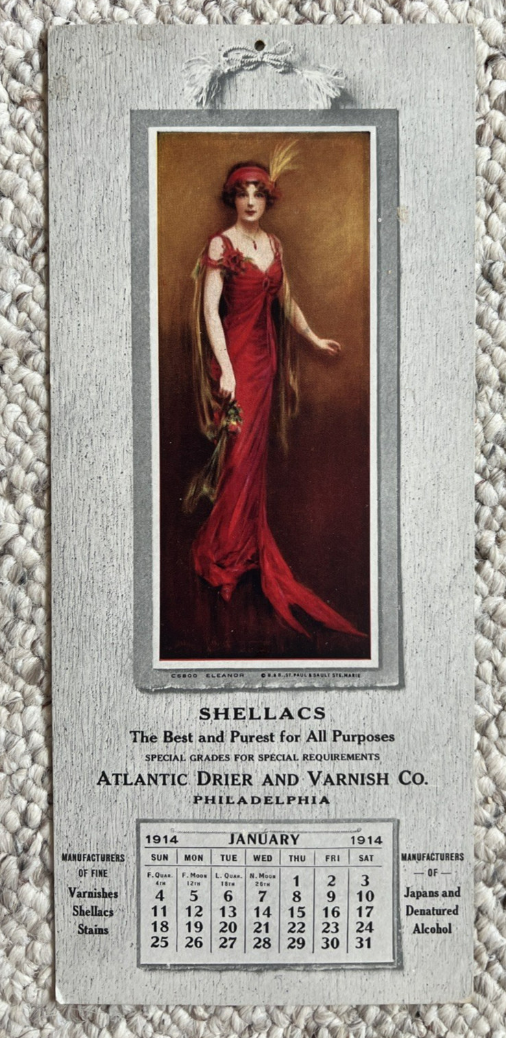 1914 Jan. Calendar Adv. Card Lovely Woman Atlantic Drier & Varnish Philadelphia