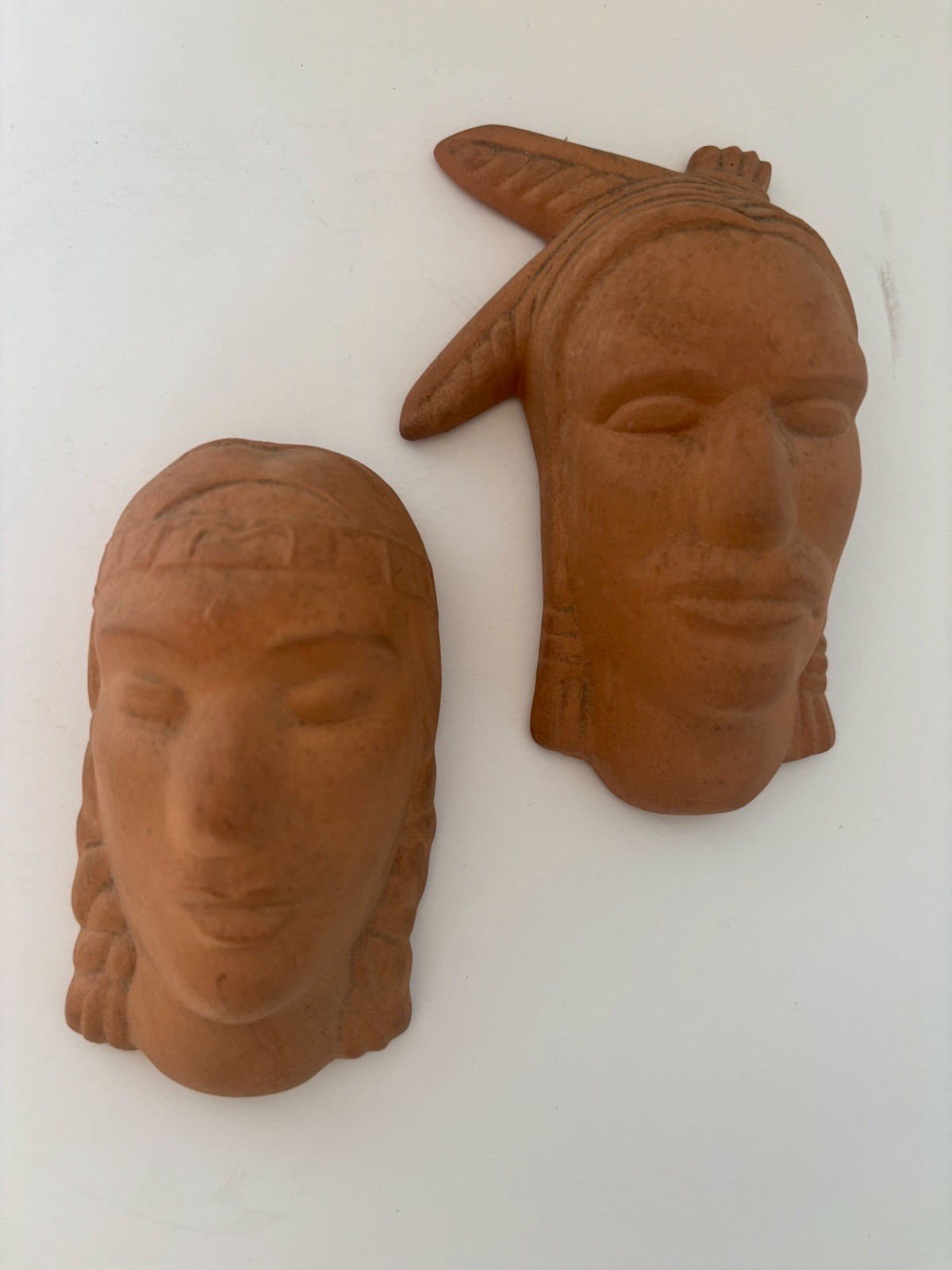 Pair Of Vintage Frankoma Native American Figurative Heads Wall Hangings