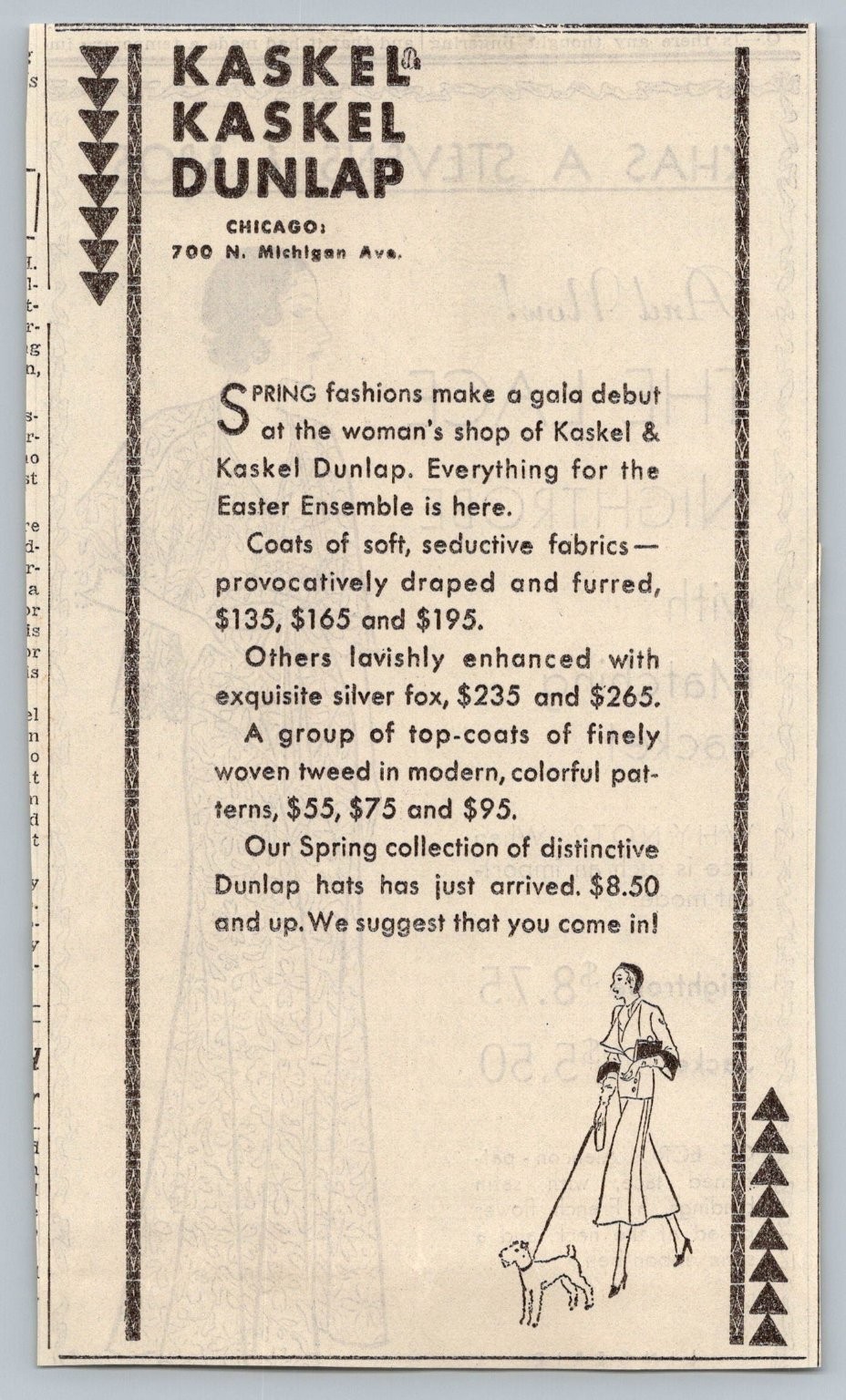 VTG 1931 Kaskel & Kaskel Dunlap Chicago Fashion Ad Michigan Ave Woman with Dog