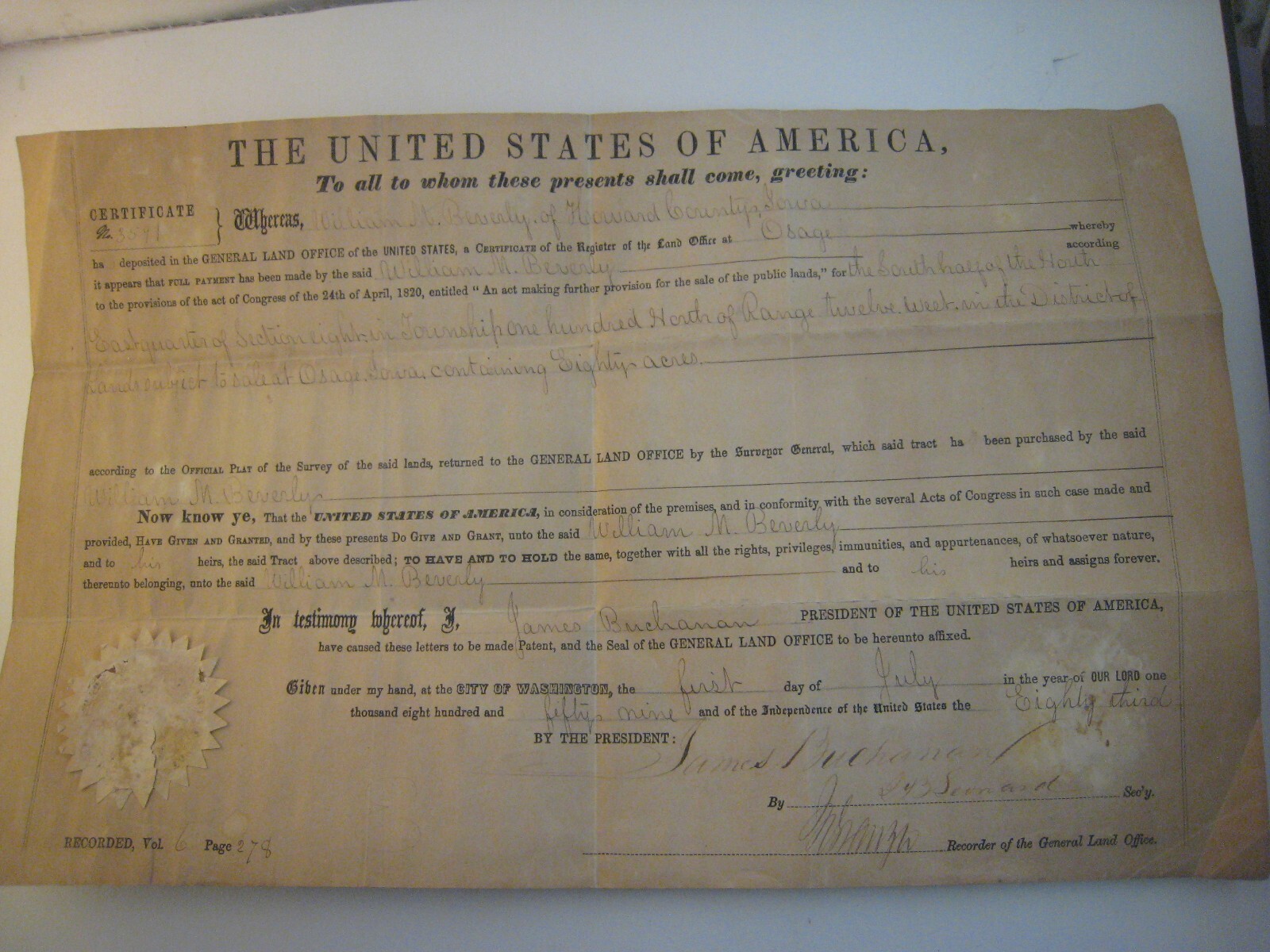 President JAMES BUCHANAN (1791-1868) signed OSAGE LAND GRANT, JULY 1ST, 1859