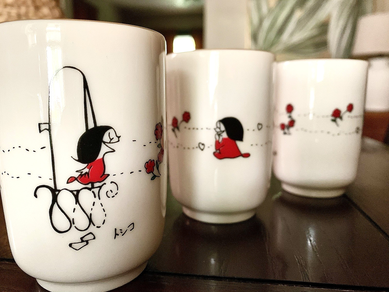 Vintage 1970s Japanese Showa Retro Anime Teacup Set 6 Toshiko Mutoo Manga Yunomi