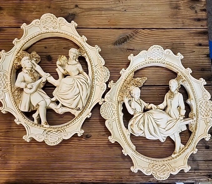 Vintage Pair of Framed Lovers Couting- Universal Statuary Corp Wall Plaques-1957 Vintage Pair of Framed Lovers Couting- Universal Statuary Corp Wall Plaques-1957