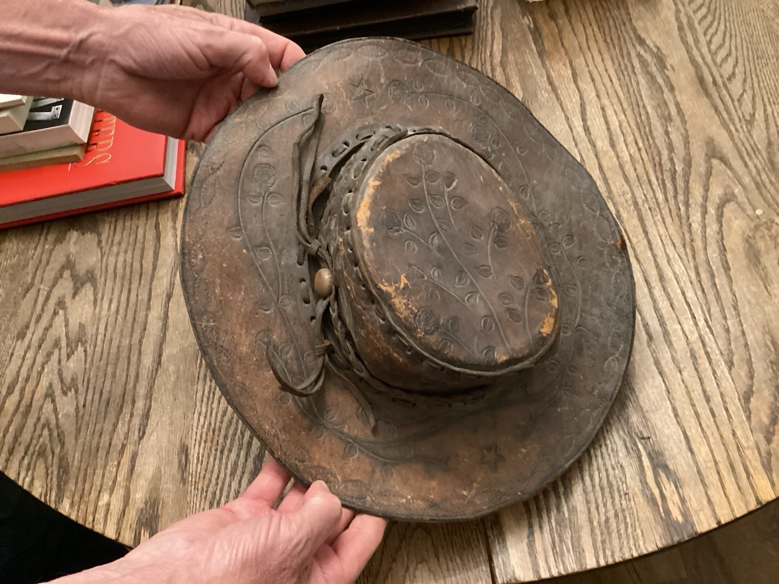 Antique Western Americana Leather Cowboy Hat Folk Art Frontier Gold Days? Antique Western Americana Leather Cowboy Hat Folk Art Frontier Gold Days?