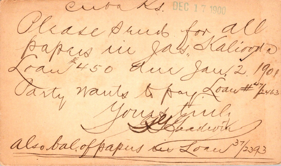 1900 Postal Card Cuba Kansas Loan Business Message J. J. Sedgwick 1 Cent
