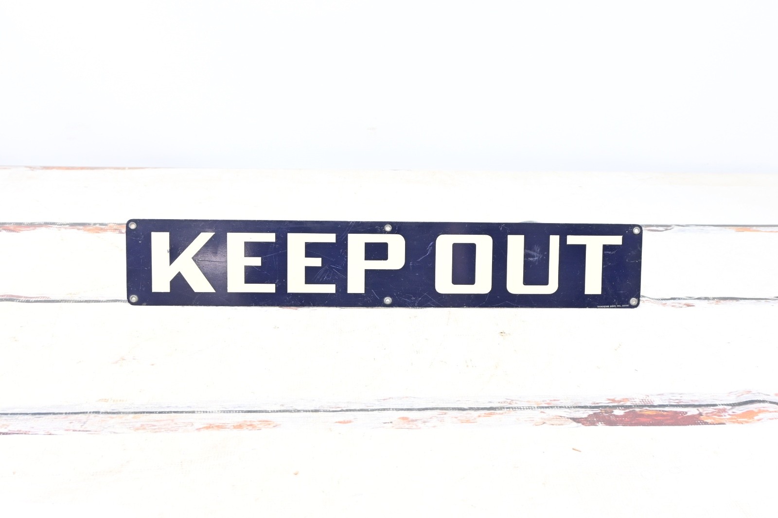 Vintage .Pre 1968 Blue White Porcelain Enamel Keep Out Sign Stonehouse Signs Inc