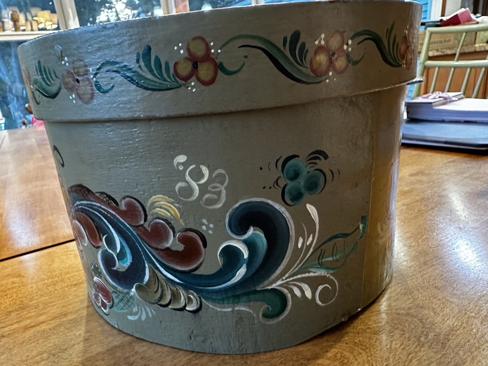 Vintage Green Bentwood Band 1983 Round Norwegian Rosemaling Folk Art Box READ