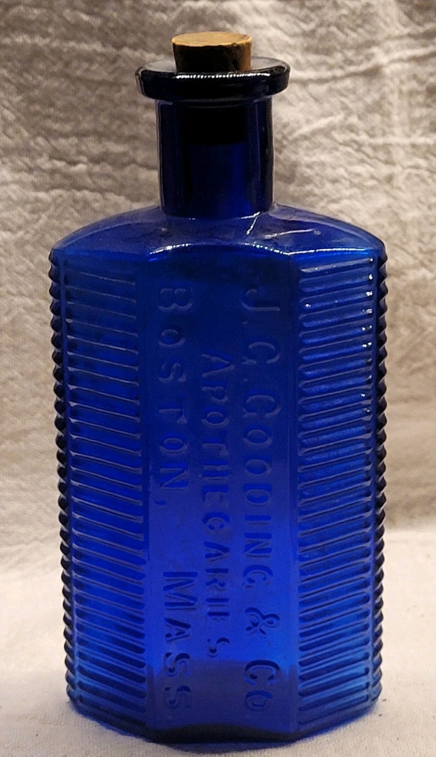 Nice J. G. Godding & Co. Boston Apothecaries COBALT RIBBED POISON BOTTLE