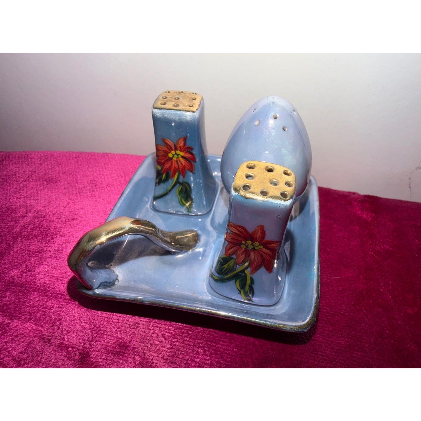 Vintage Nippon Hand Painted Lusterware Condiment Set Poinsettia Japan Blue 4pc Vintage Nippon Hand Painted Lusterware Condiment Set Poinsettia Japan Blue 4pc