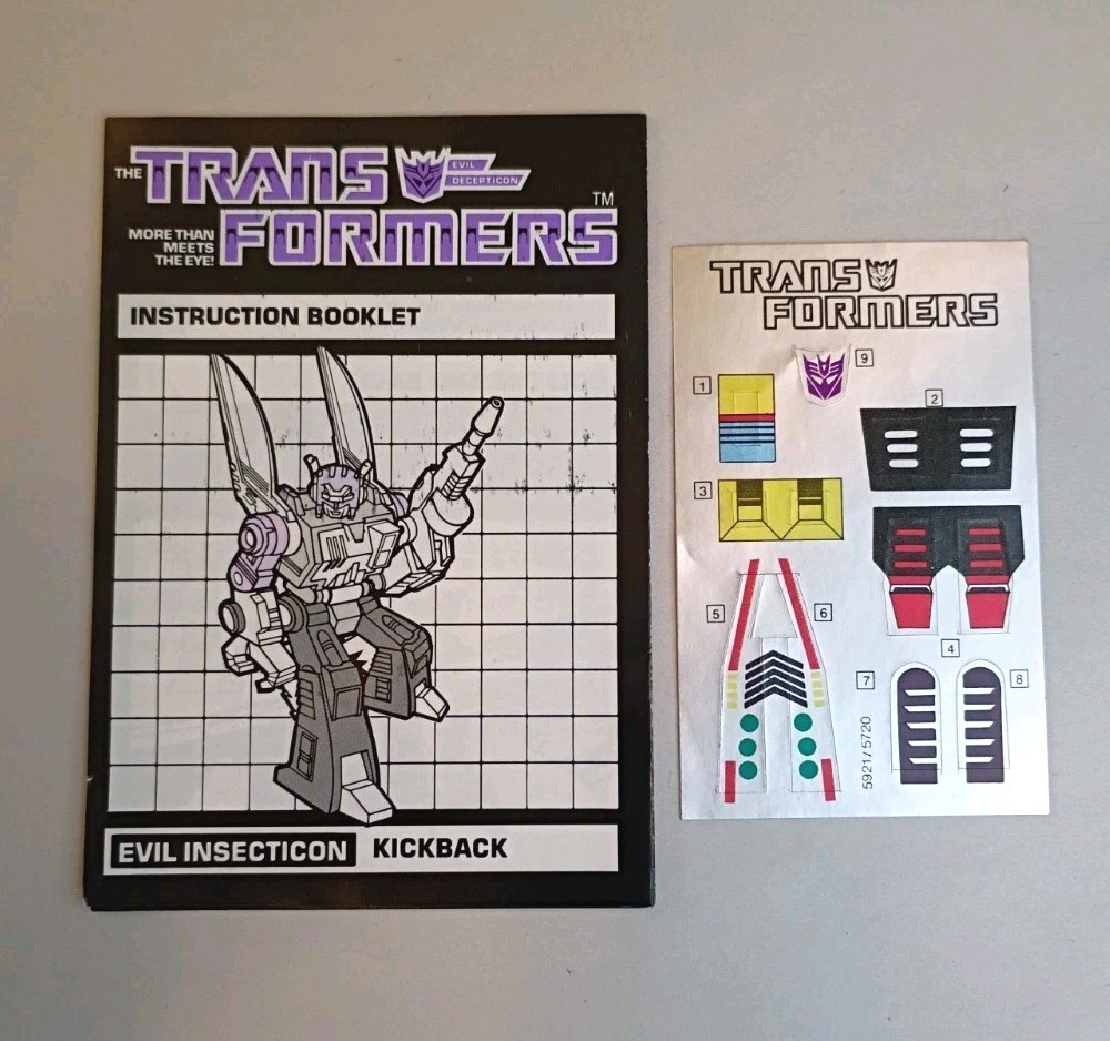 Vtg Transformers G1 INSECTICON KICKBACK Instruction Booklet 1985 & Decal Sheet 