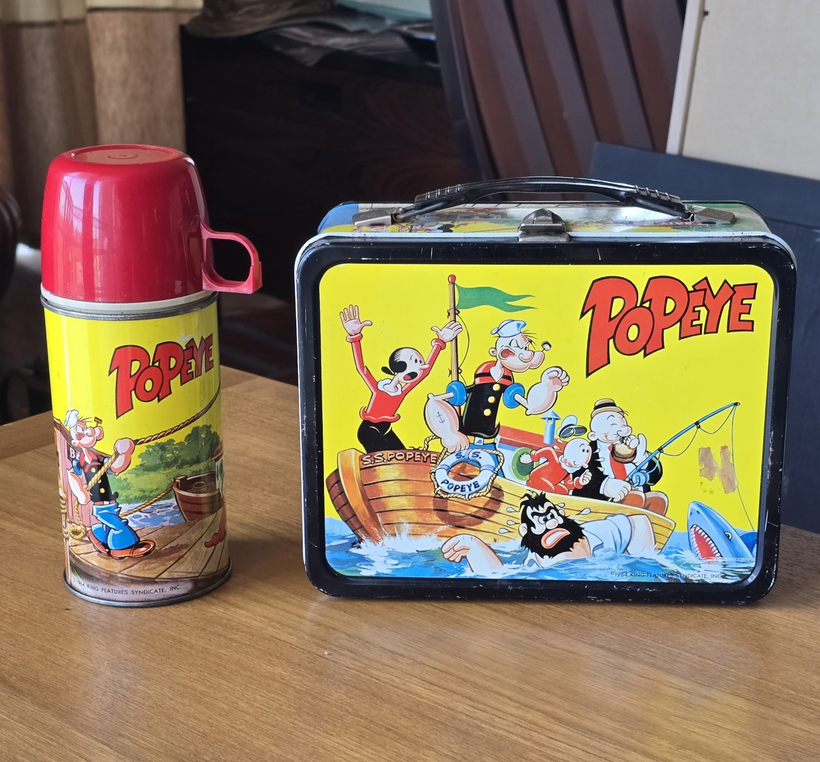 ORIGINAL 1964 POPEYE OLIVE OYL LUNCH BOX WITH THERMOS KING SEELEY ORIGINAL 1964 POPEYE OLIVE OYL LUNCH BOX WITH THERMOS KING SEELEY