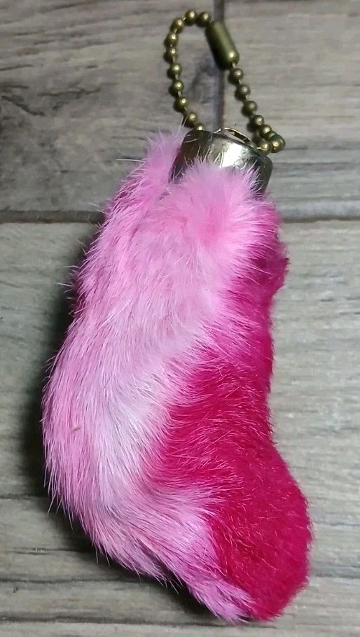 3” - 1960s Lucky Charm USA Vintage Real RABBIT'S FOOT - Keychain Pink Large