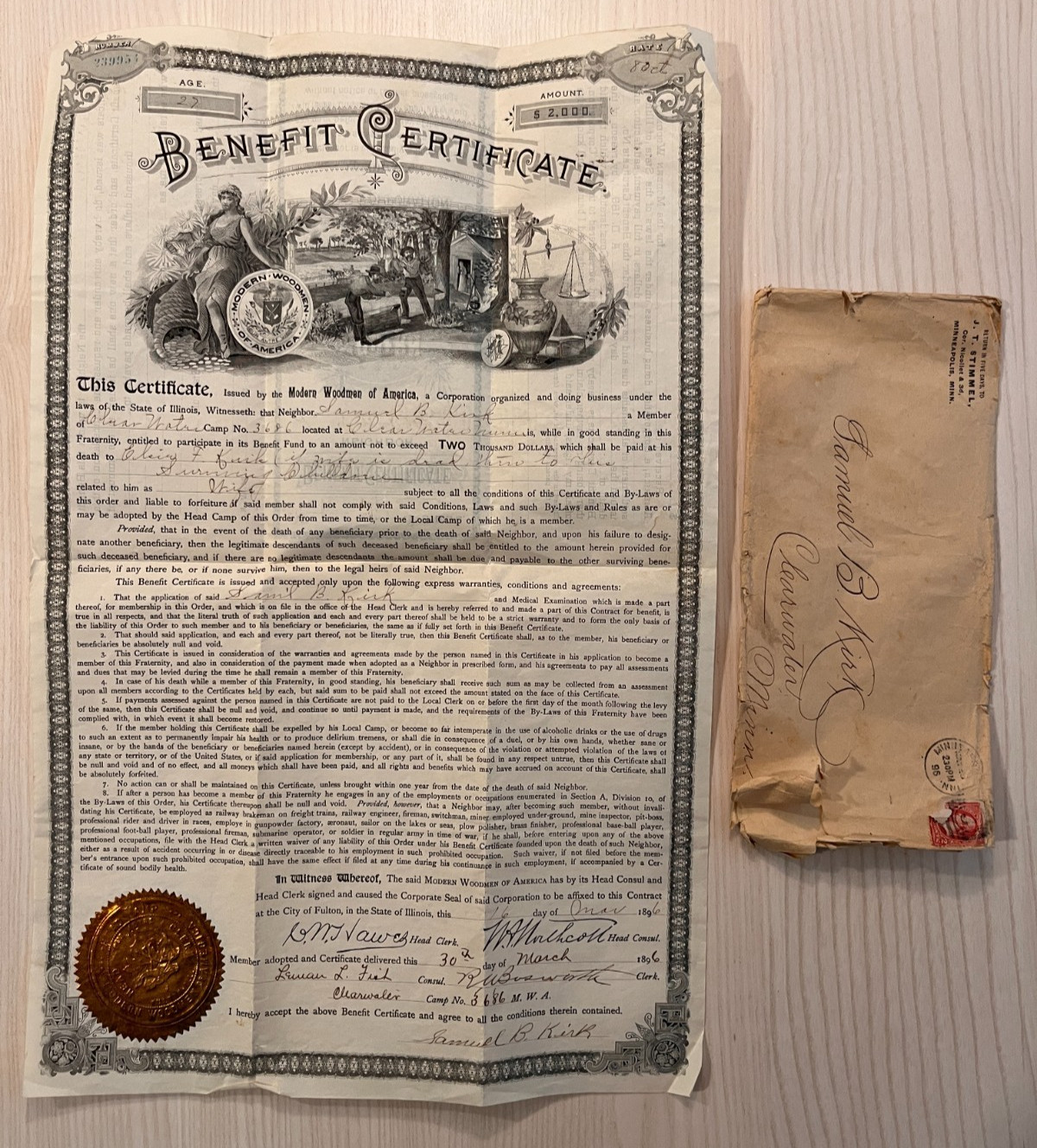 Vintage 1896 Antique Death Benefit Certificate Insurance Clearwater MN Camp RARE