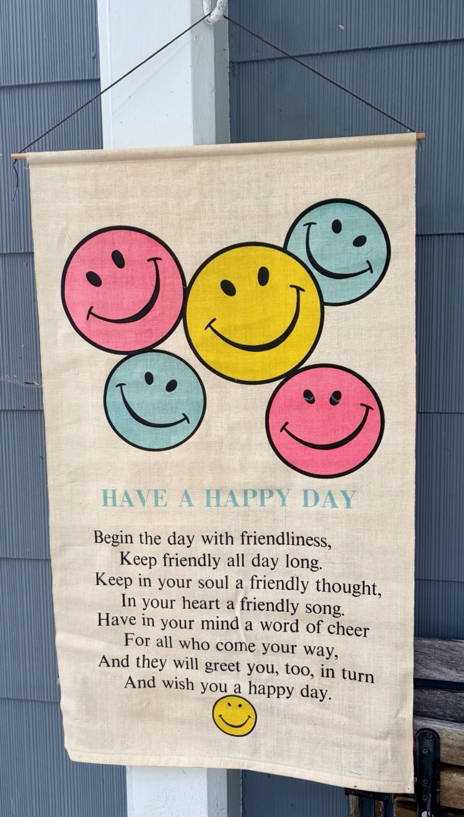 Vtg 1970 Wall Hanging Smiley Faces Linen-Have A Happy Day-28”x16.75”-Wood Dowel