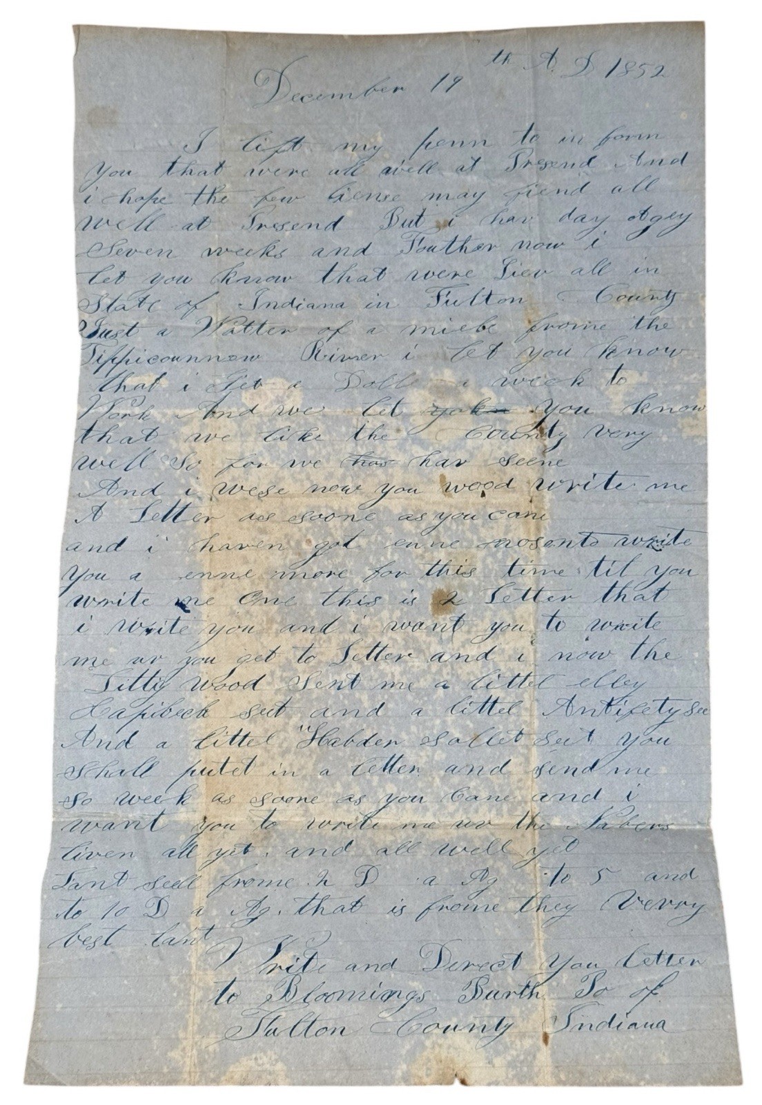 1852 Indiana Pioneer Letter to Pennsylvania – Migration Content-Crop Prices