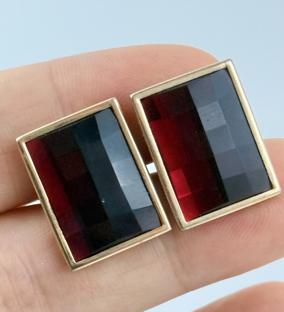 Vtg Swank Red Faceted Glass Gold Tone Rectangle Cufflinks Mens Formal Shirt