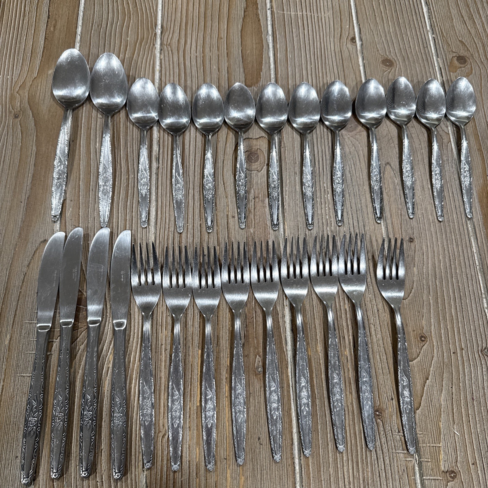 26pc Vintage Interpur Single Rose Stainless Flatware Japan INR7 MCM Spoons Forks