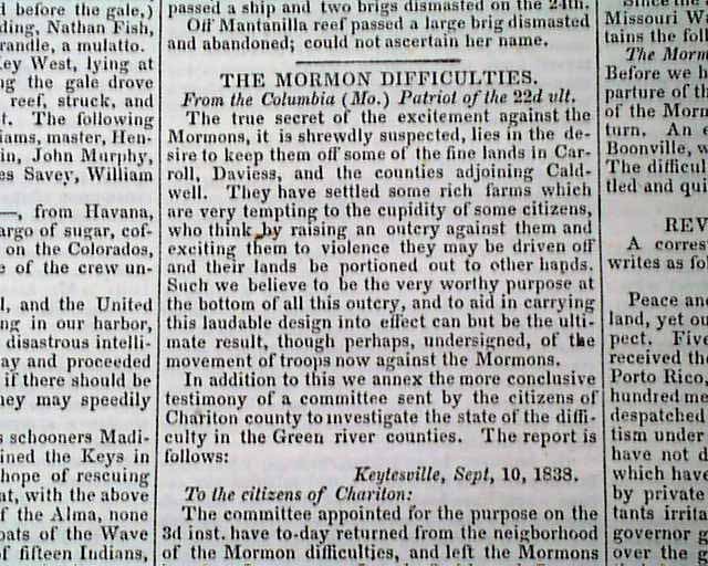 Early MORMONS Mormonism Joseph Smith Missouri Settlement TROUBLES 1838 Newspaper