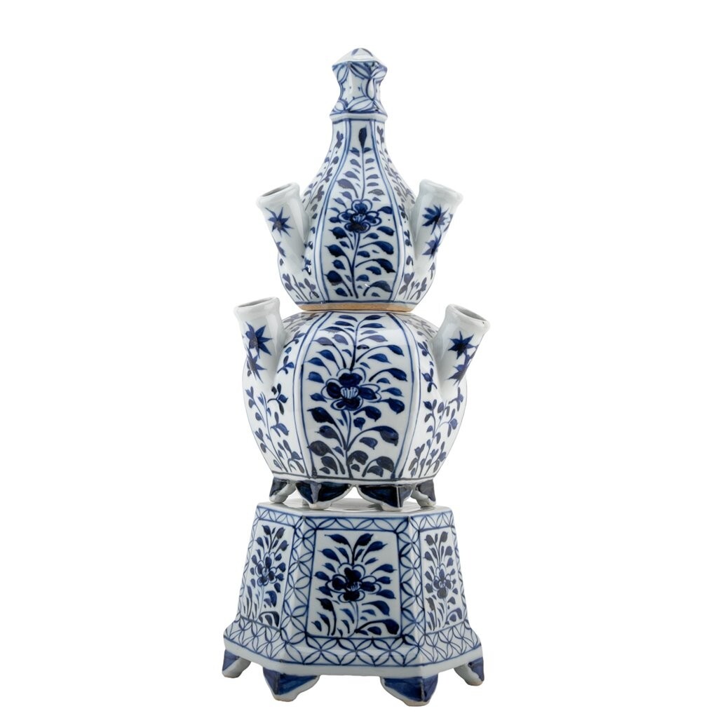 NEW CHINESE ORIENTAL BLUE AND WHITE PORCELAIN HEXAGON TULIPIERE FLOWER VASE