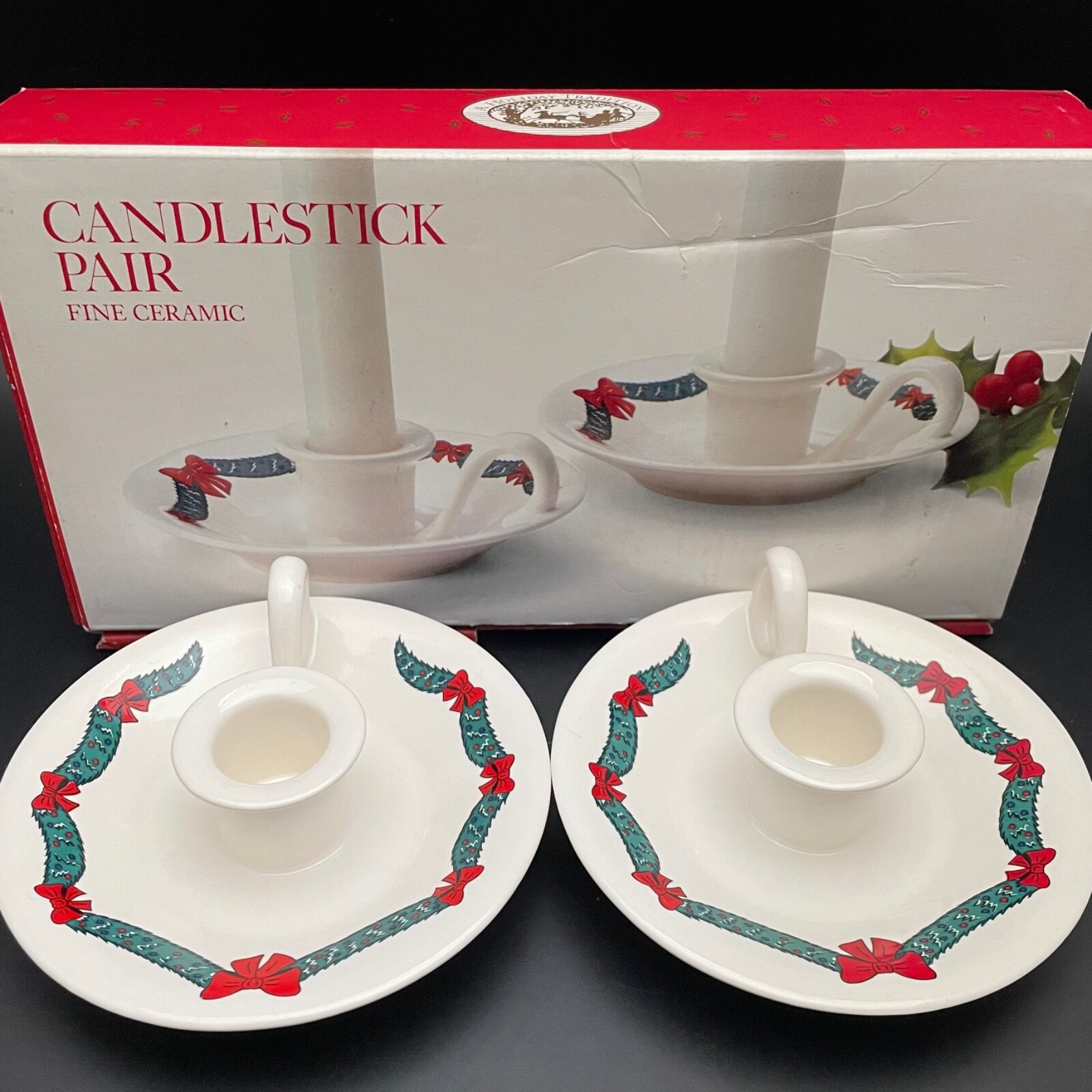 Mervyns Christmas Fine Ceramic Candlesticks Candle Holders Set Made in Japan NOS